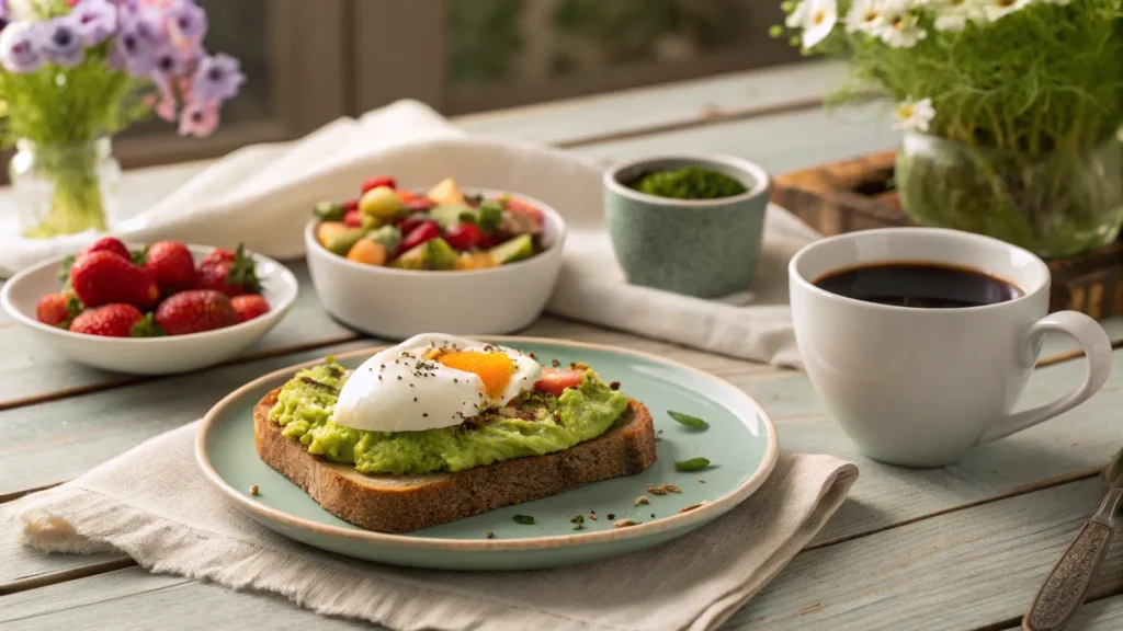 Avocado toast with poached egg served with coffee and fruit salad on a rustic table.
