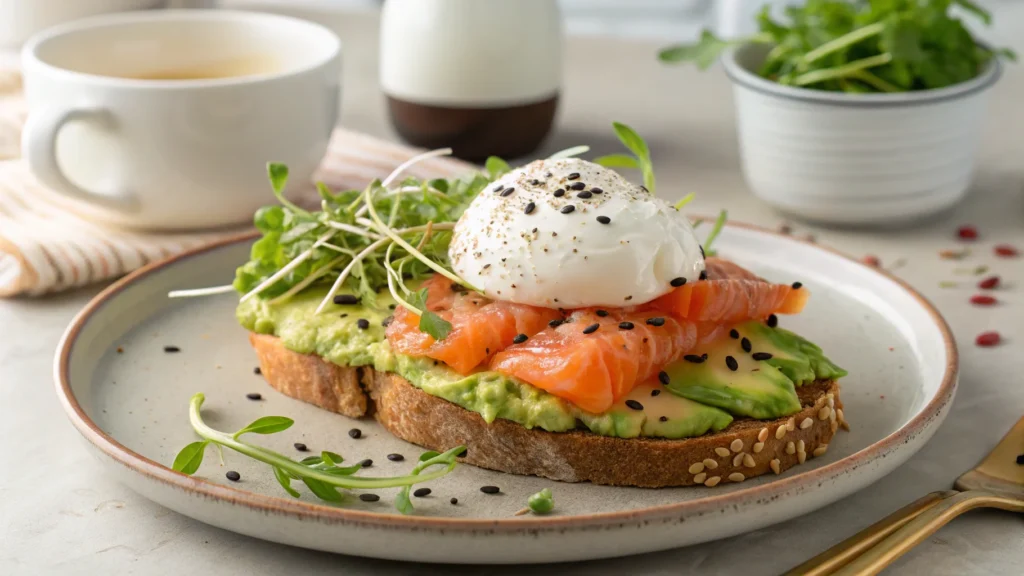 Avocado toast variation with poached egg, smoked salmon, sesame seeds, and microgreens