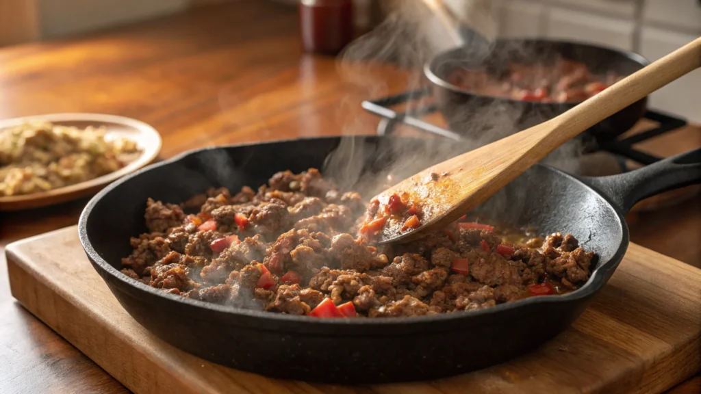 A cast-iron skillet with sizzling seasoned ground beef, being stirred with a wooden spatula.