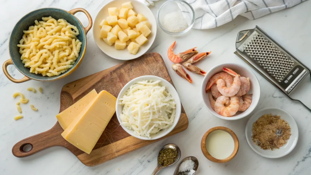 Flat lay of seafood mac and cheese ingredients including cheese, pasta, shrimp, crab, butter, and seasonings on a kitchen counter.