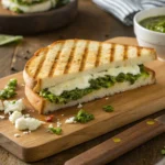 Grilled chicken pesto panini with melted cheese and fresh pesto on a wooden board.