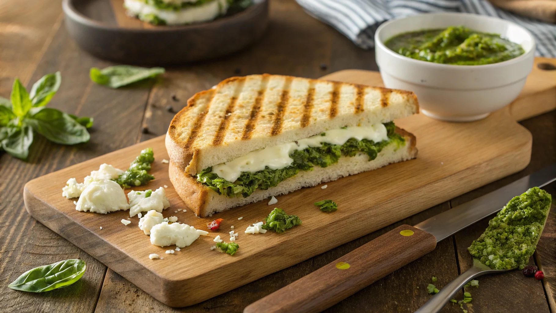 Grilled chicken pesto panini with melted cheese and fresh pesto on a wooden board.