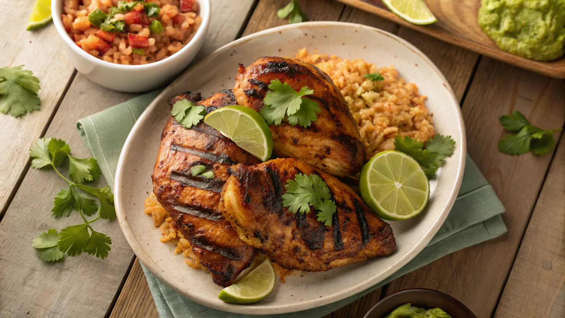 A plate of grilled San Antonio chicken marinated in a smoky Mexican sauce, garnished with lime wedges and cilantro, served with rice and beans.