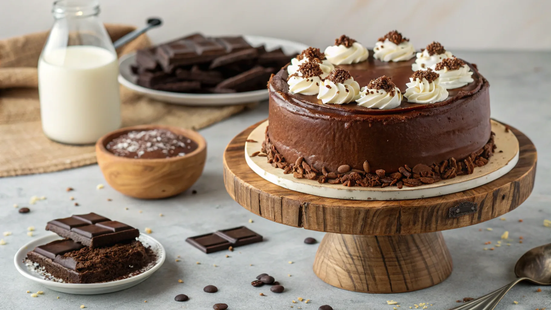 A decadent Mounds cake topped with chocolate ganache and coconut.