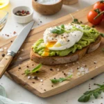 Overhead shot of avocado toast with poached egg garnished with herbs and tomatoes on a wooden cutting board.