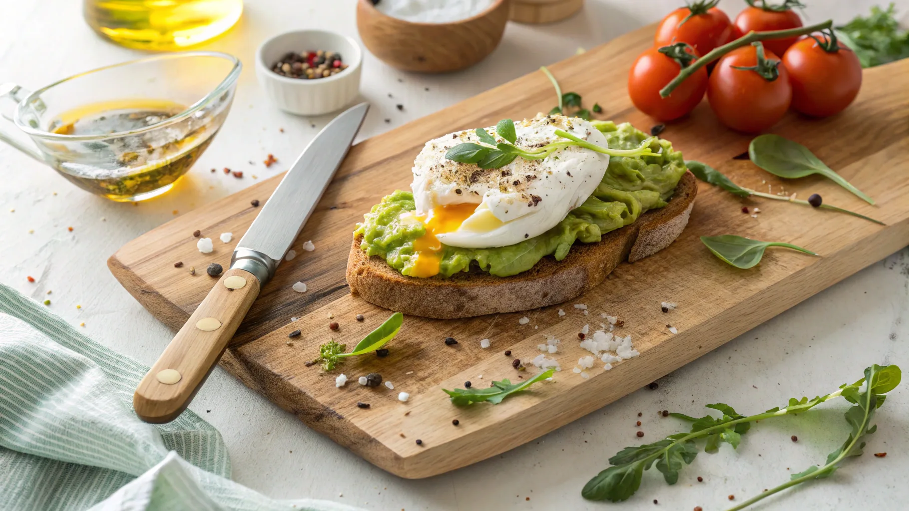 Overhead shot of avocado toast with poached egg garnished with herbs and tomatoes on a wooden cutting board.