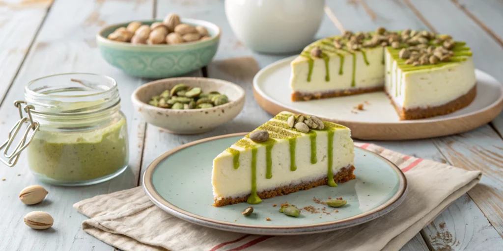  Pistachio cream drizzled on cheesecake with jar and pistachios nearby.