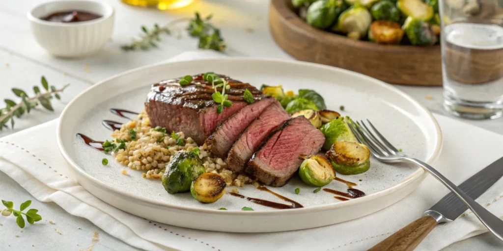 Denver steak served with roasted Brussels sprouts and quinoa, drizzled with balsamic glaze.

