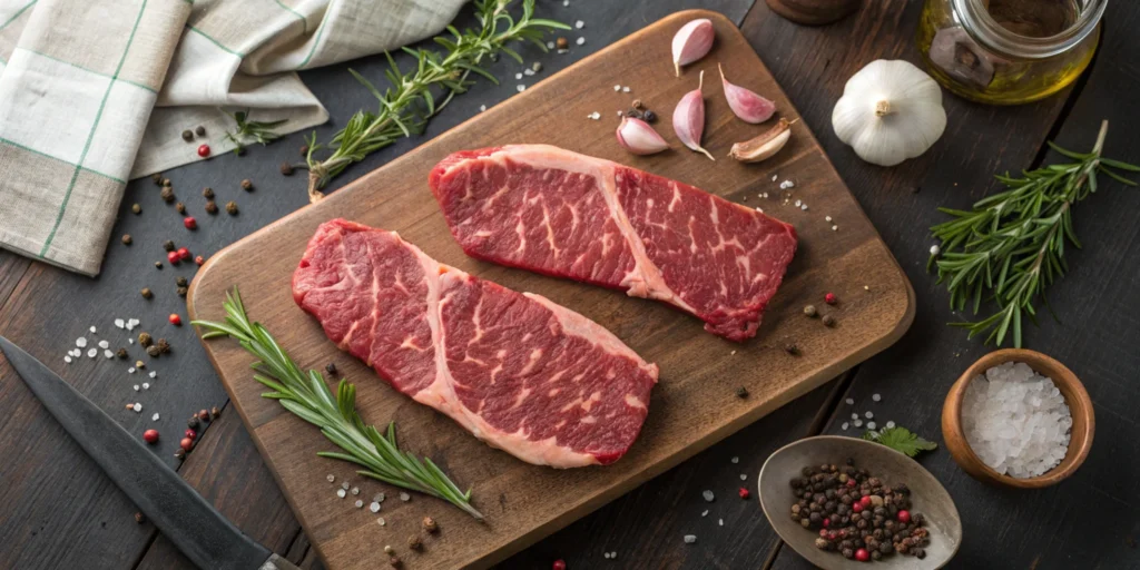 Raw Denver steak cuts with visible marbling, surrounded by fresh herbs, garlic, and peppercorns.

