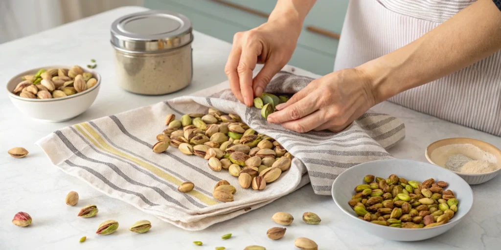 Boiled pistachios on a towel with hands removing skins.