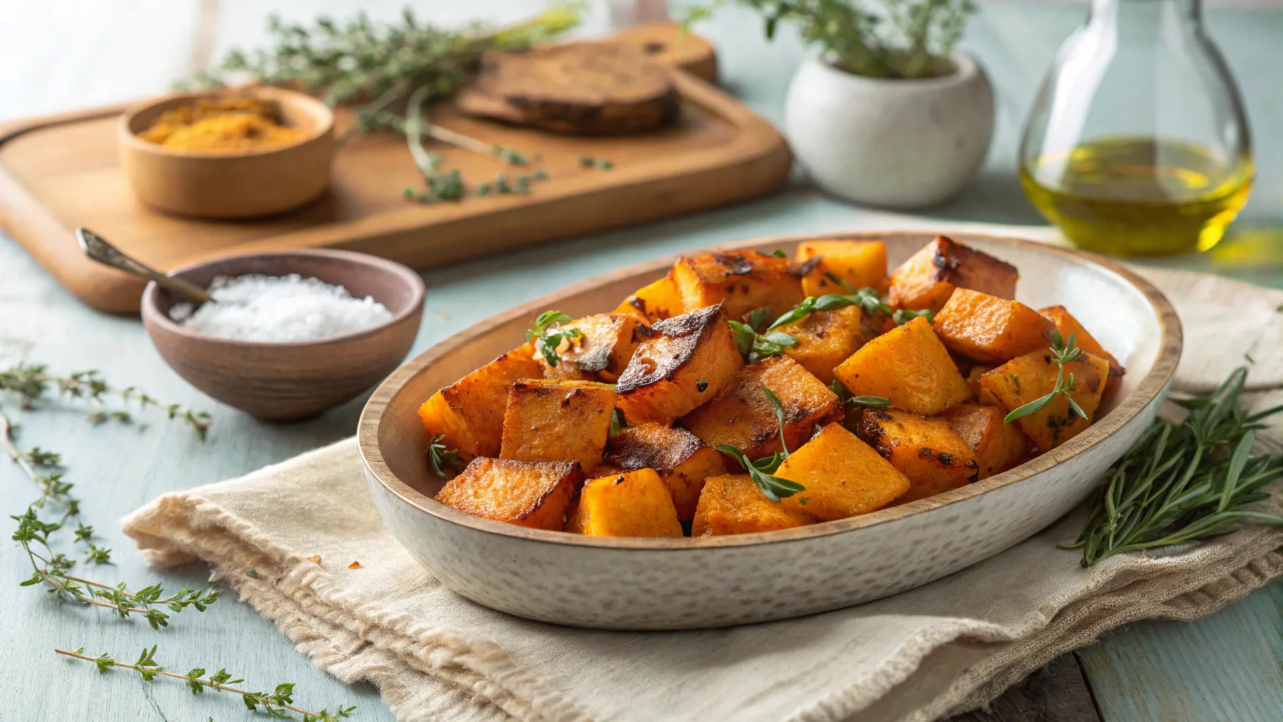 Roasted butternut squash cubes with thyme and olive oil on a rustic wooden platter.