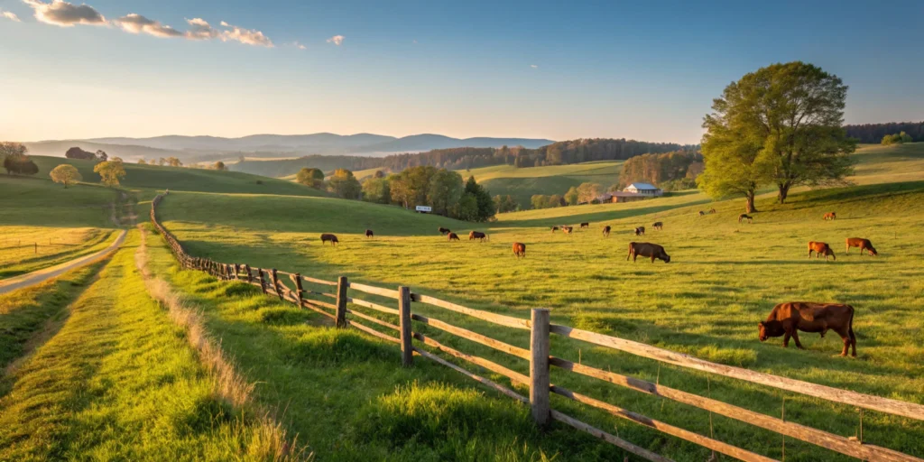 Grass-fed cattle grazing in a lush pasture under a clear blue sky.

