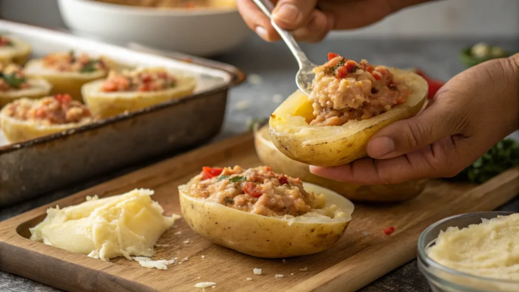 Shaping papas rellenas with beef filling and egg.