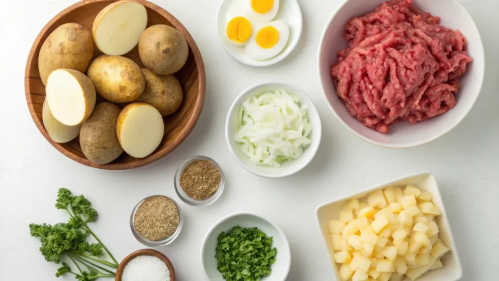 Ingredients for papas rellenas recipe Chilean style.