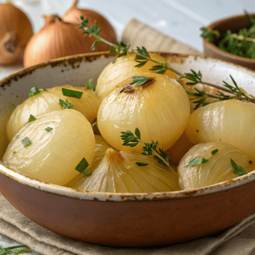 Freshly boiled onions garnished with herbs in a rustic bowl – Onion Boil Recipe