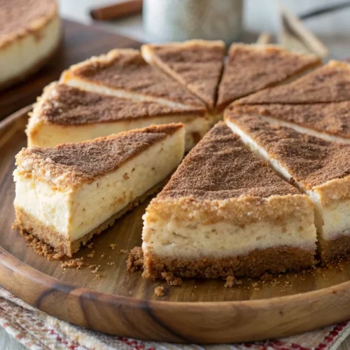 Close-up of churro cheesecake with a crispy cinnamon-sugar crust and creamy filling.