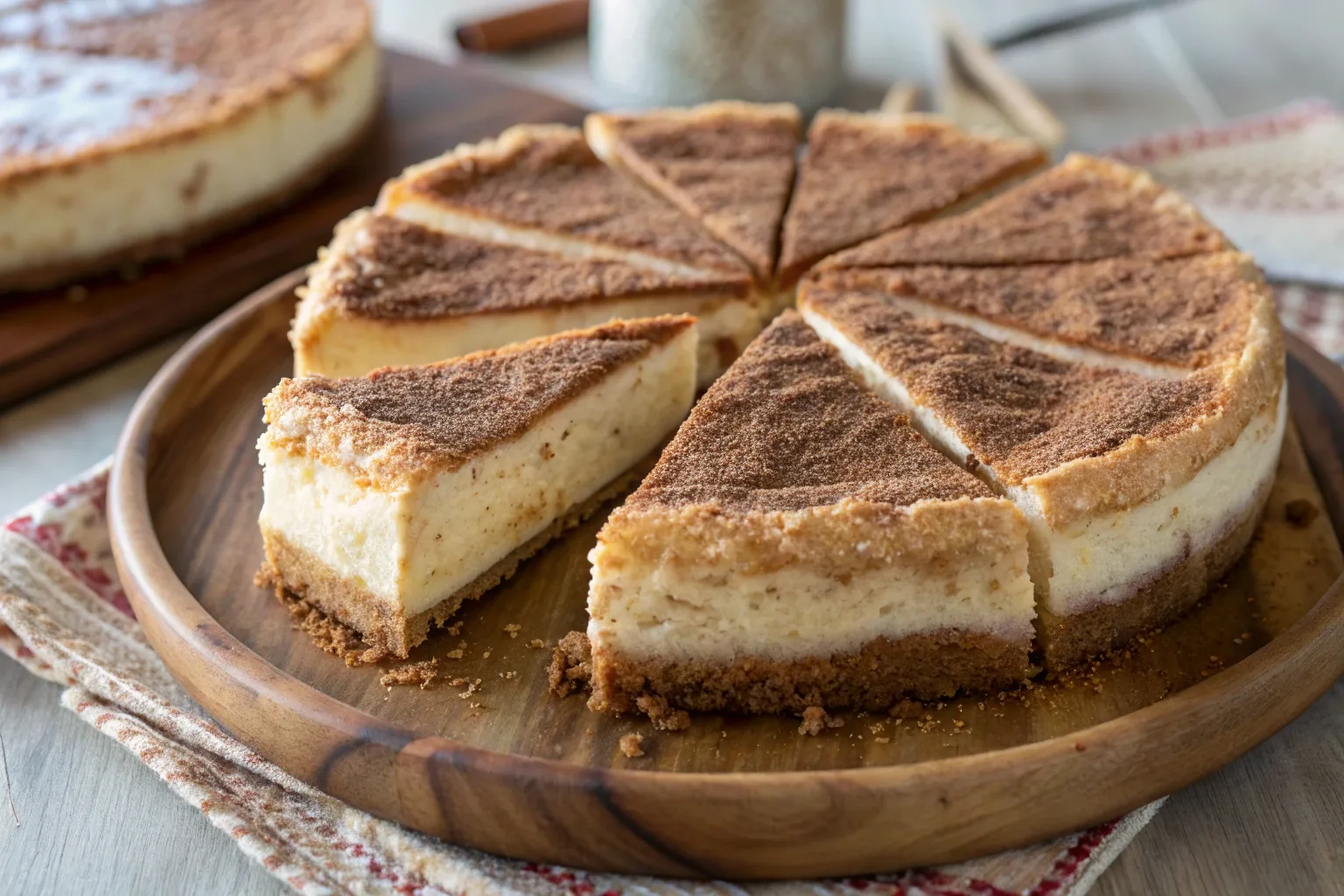 Close-up of churro cheesecake with a crispy cinnamon-sugar crust and creamy filling.