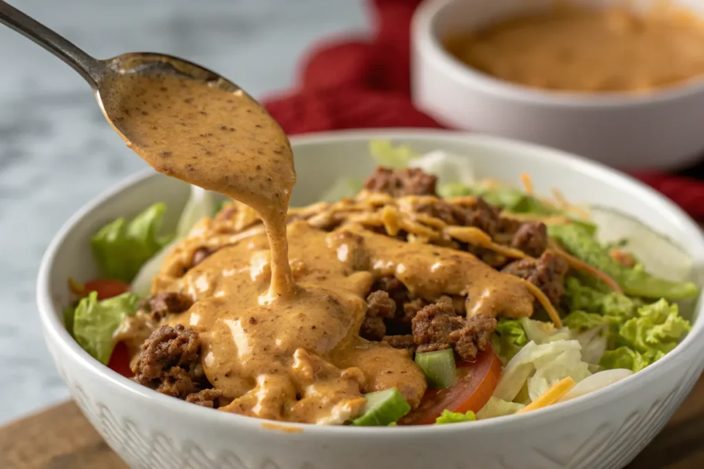 A spoon pouring rich, creamy Big Mac Sauce over a fresh Big Mac Salad for the perfect fast-food-inspired flavor.