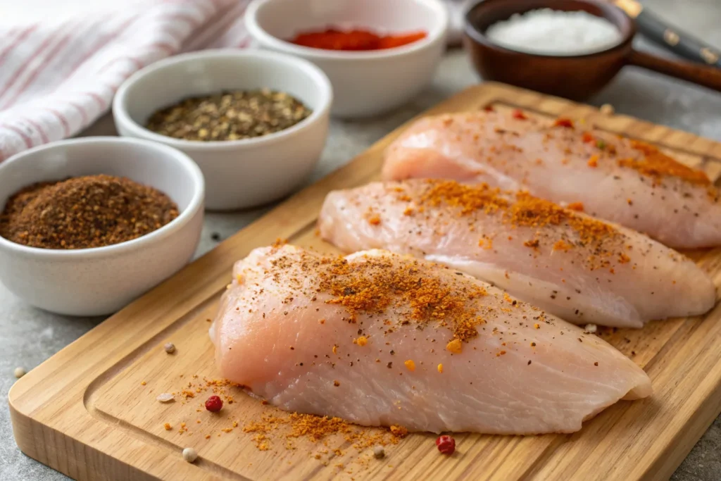 Chicken and gravy recipe ingredients – seasoned raw chicken with spices.