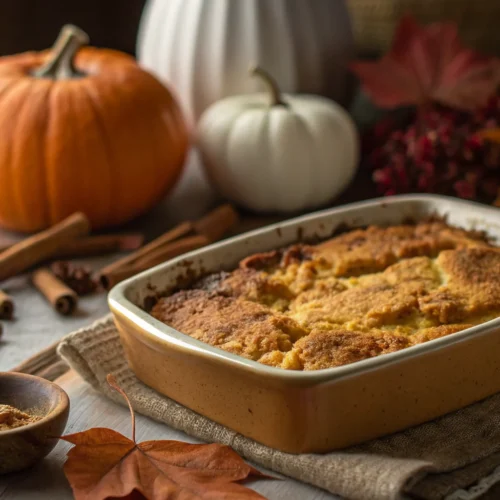 Golden-brown pumpkin dump cake fresh from the oven