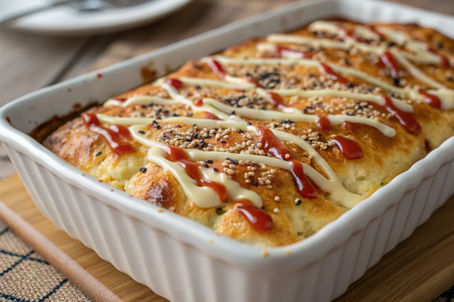 Close-up of a freshly baked sushi bake recipe with golden toppings