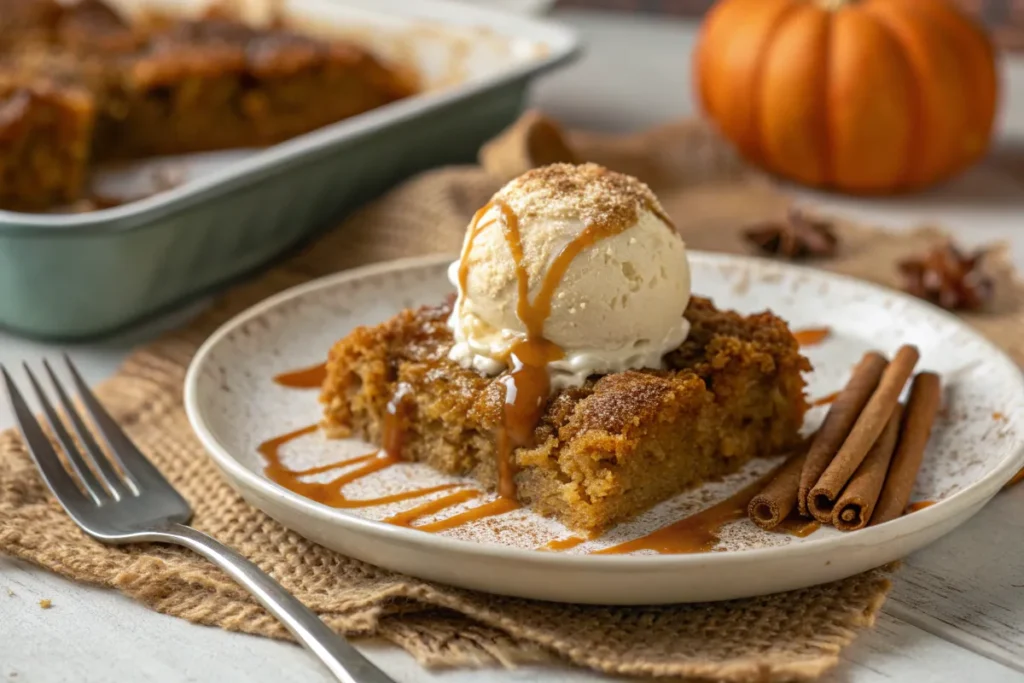 Pumpkin dump cake with vanilla ice cream and caramel drizzle