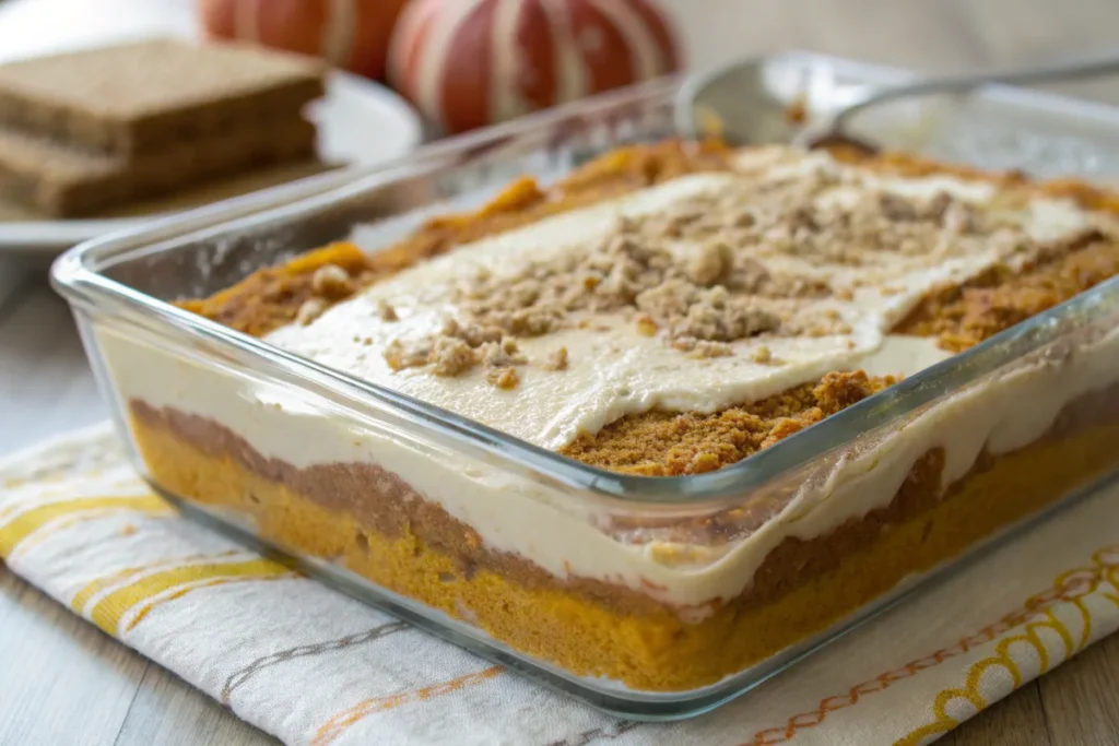 Unbaked pumpkin dump cake layers in a baking dish