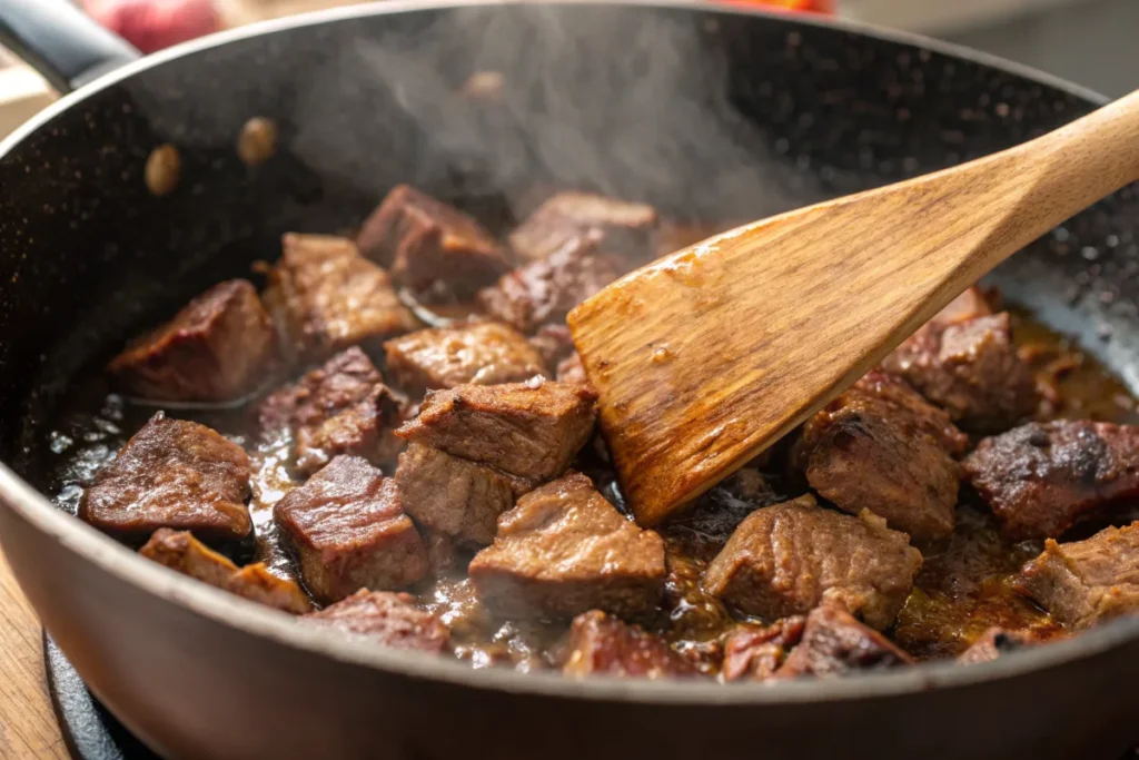 Browning beef for Hawaiian beef stew