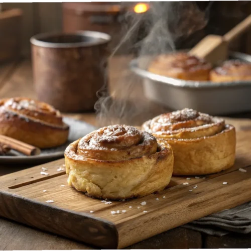 Golden, flaky Swiss Gipfeli resting on a wooden board, fresh from the oven.