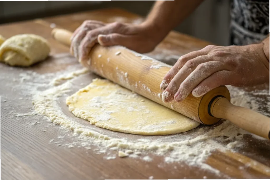 Rolling and layering dough for Swiss Gipfeli recipe.