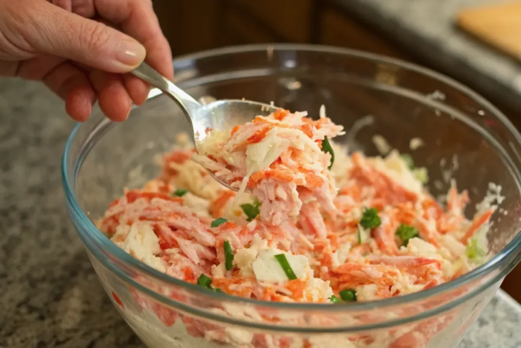 Shredded crab mixed with Japanese mayo and sriracha for sushi bake