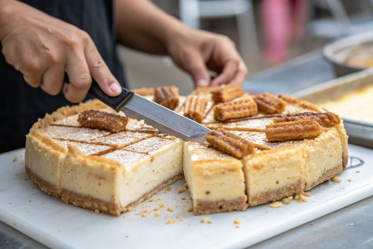 Slicing churro cheesecake into perfect squares.