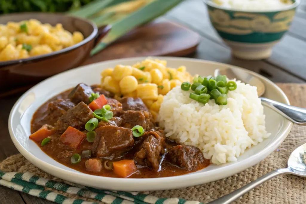 Hawaiian beef stew plate lunch with rice and macaroni salad