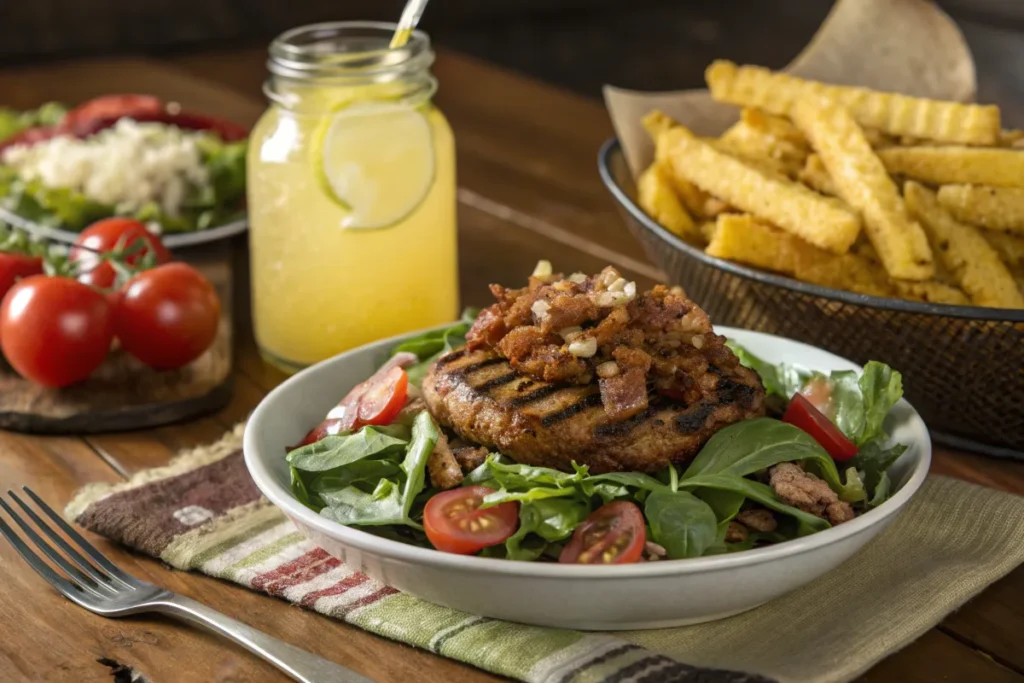 Big Mac Salad with keto fries and lemonade