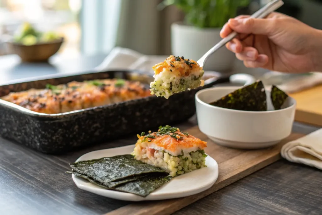 A scoop of sushi bake served with nori sheets on a plate