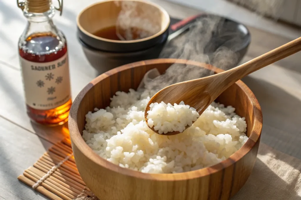 Sushi rice being seasoned with rice vinegar in a bowl