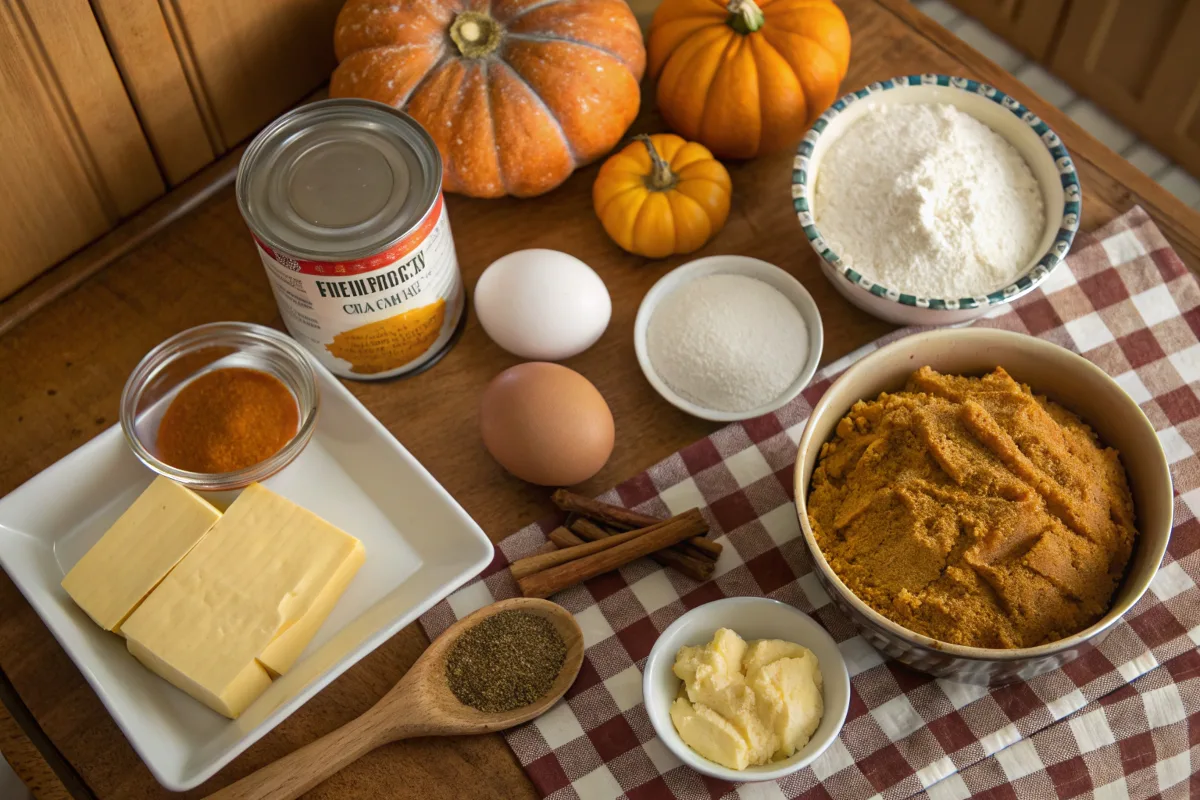 Pumpkin dump cake ingredients laid out on a kitchen counter