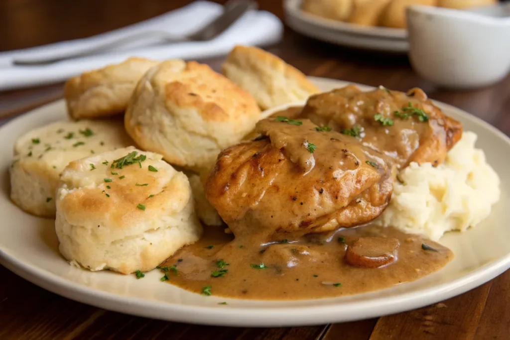 Chicken and gravy served over mashed potatoes with biscuits.