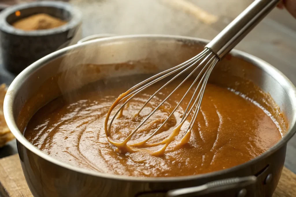 Rich homemade gravy being whisked to perfection.