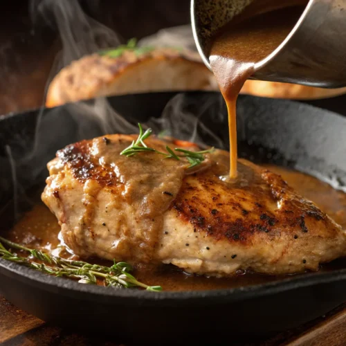 Golden-brown seared chicken covered in rich homemade gravy.