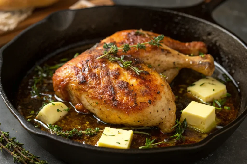 Golden-seared chicken in a skillet with butter and herbs.