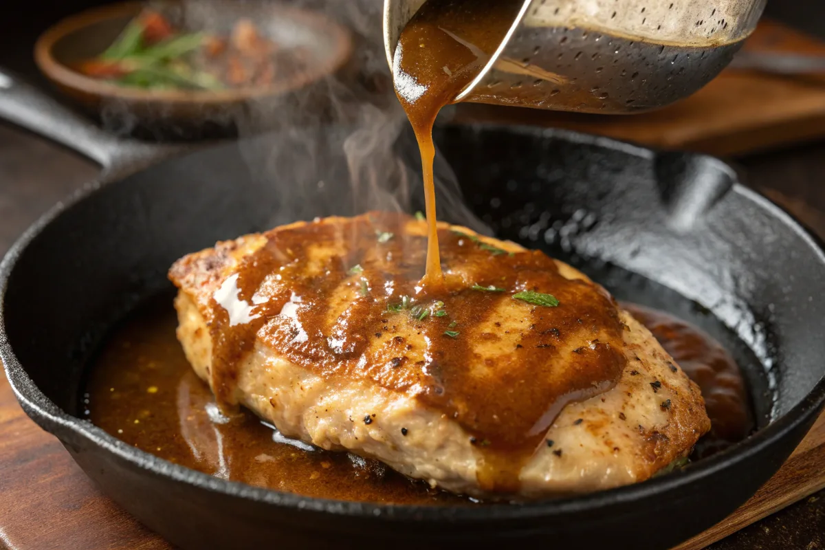 Golden-brown pan-seared chicken with rich homemade gravy.