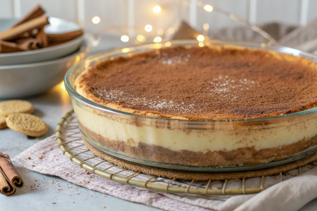 Whole churro cheesecake in a baking dish with cinnamon sugar on top.