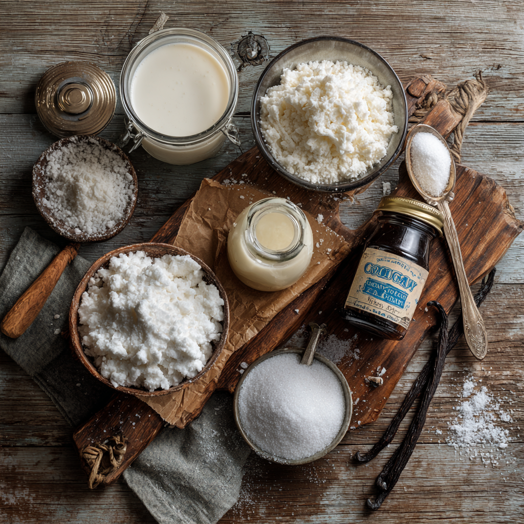 Flat-lay of ingredients for snow cream recipe