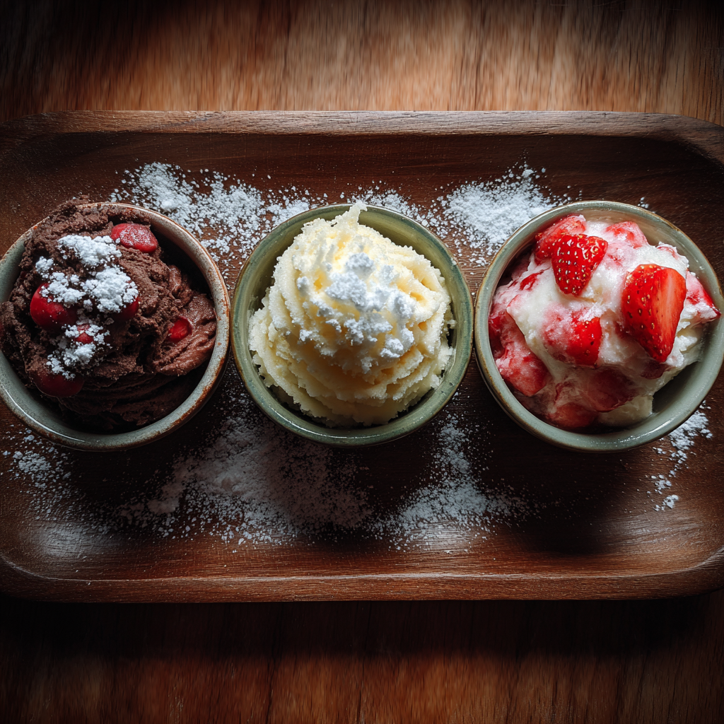  Different flavors of snow cream in bowls