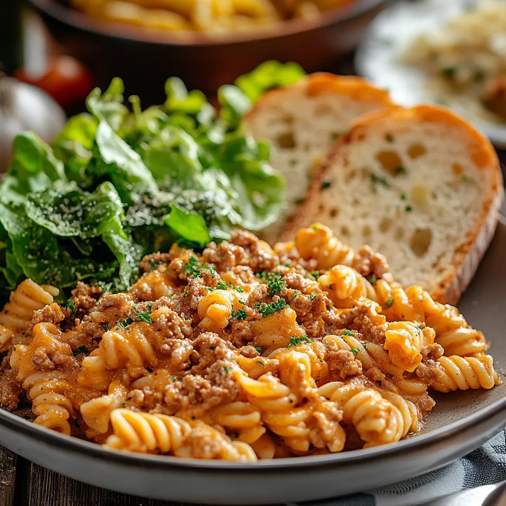 Serving of one-skillet cheesy ground chicken pasta with sides