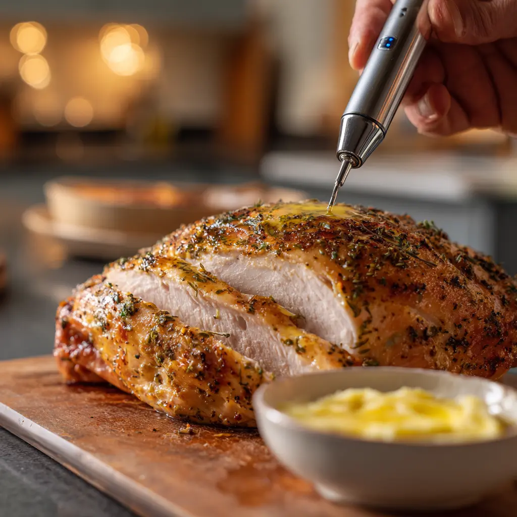 Injecting Creole butter marinade into turkey breast