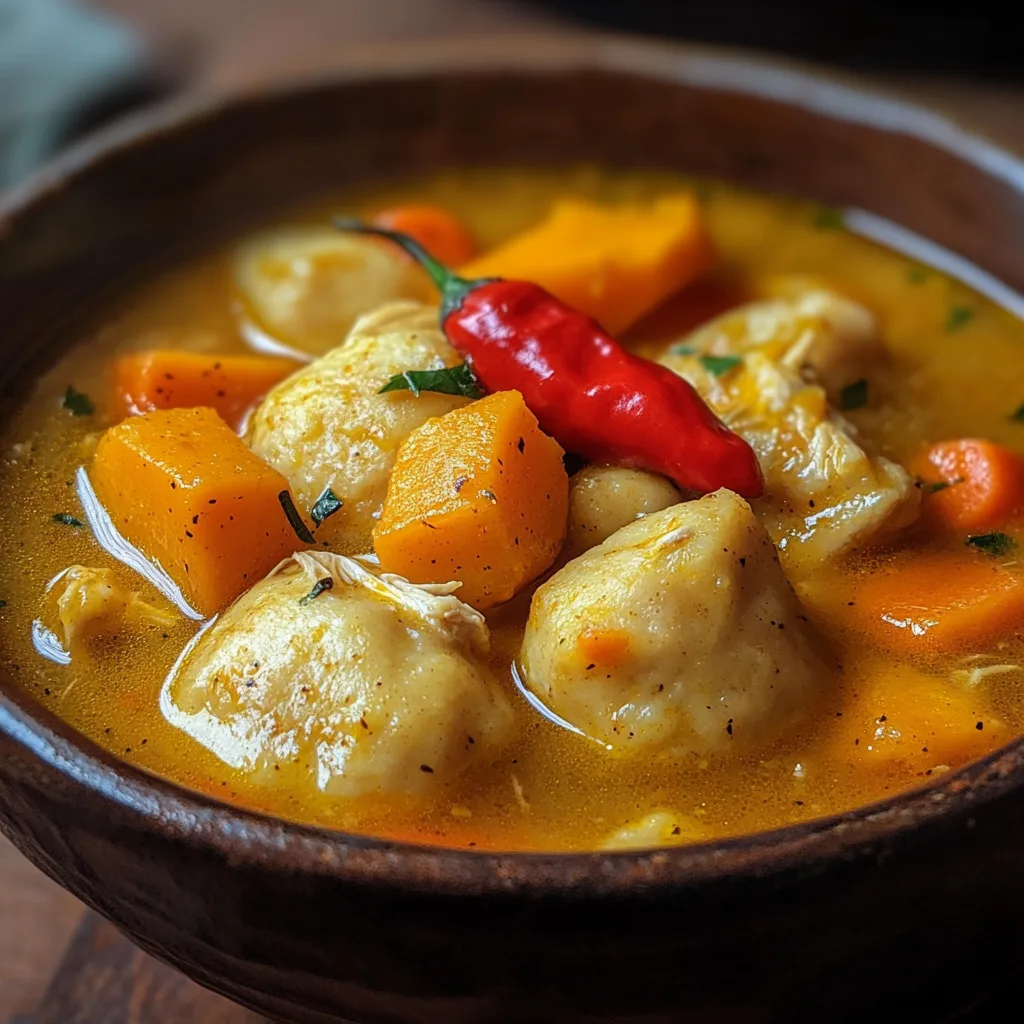 Close-up of Jamaican chicken soup in a rustic ceramic bowl, with golden broth, pumpkin chunks, carrots, spinners dumplings, and a Scotch bonnet pepper.