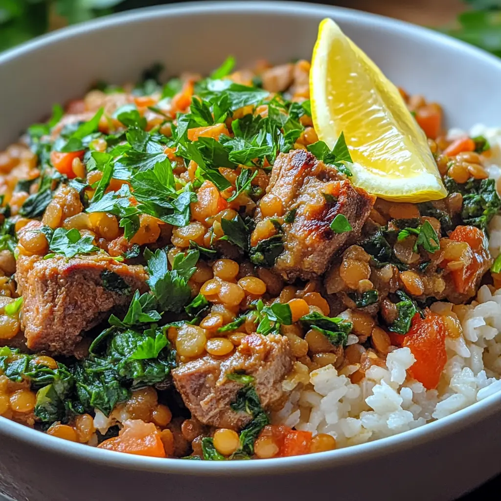 Close-up of a bowl of lamb lentils rice spinach, garnished with fresh parsley and a lemon wedge, served over white rice.