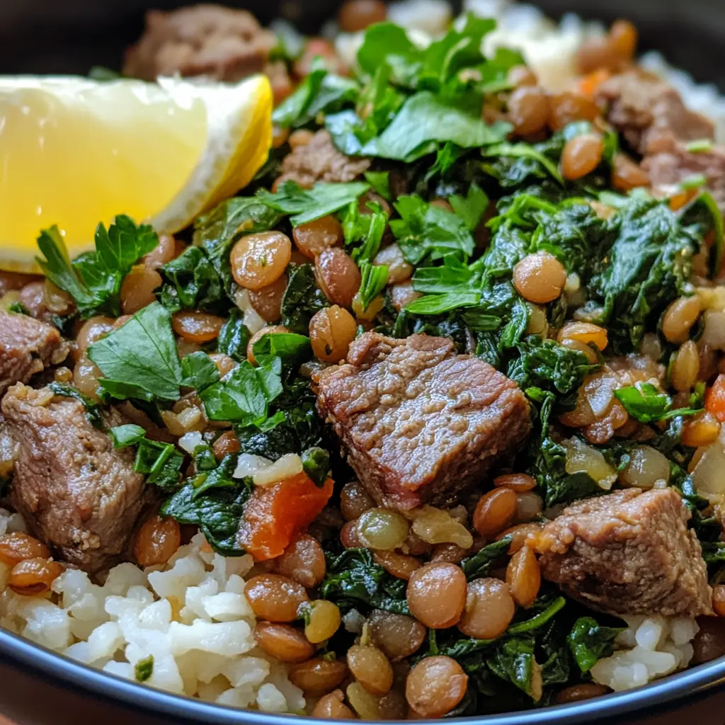 Lamb lentils rice spinach served in a bowl with garnish
